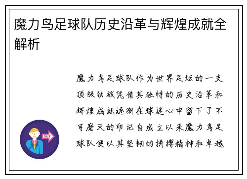 魔力鸟足球队历史沿革与辉煌成就全解析 魔力鸟足球队历史沿革与辉煌成就全解析
