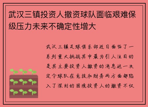 武汉三镇投资人撤资球队面临艰难保级压力未来不确定性增大